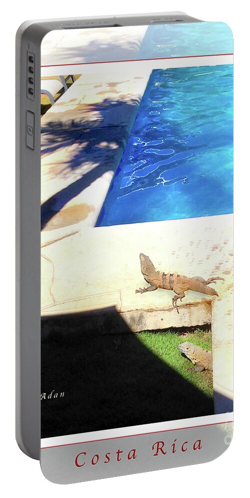 Iguanas Portable Battery Charger featuring the photograph la Casita Playa Hermosa Puntarenas Costa Rica - Iguanas Poolside Greeting Card Poster by Felipe Adan Lerma