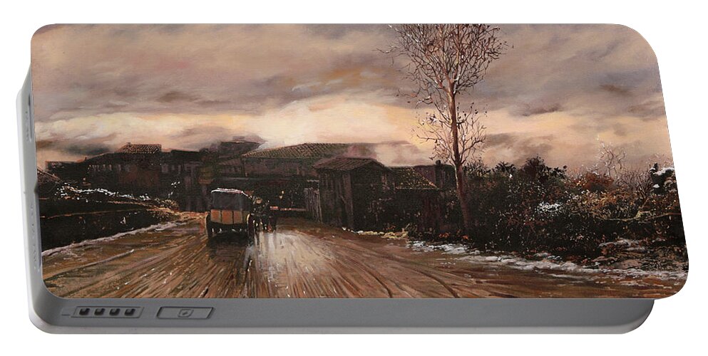  Snow Portable Battery Charger featuring the painting La Diligenza by Guido Borelli