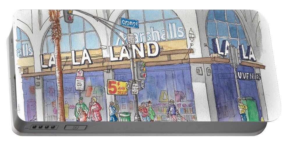 La La Land Portable Battery Charger featuring the painting La La Land and Marshalls Stores in Hollywood Blvd., Hollywood, California by Carlos G Groppa