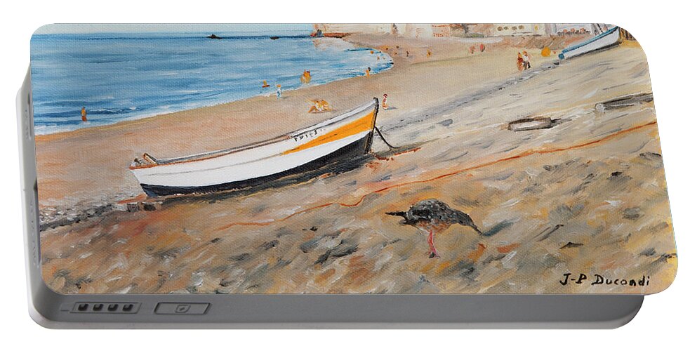 Plage Portable Battery Charger featuring the painting La Plage A Etretat - France by Jean-Pierre Ducondi