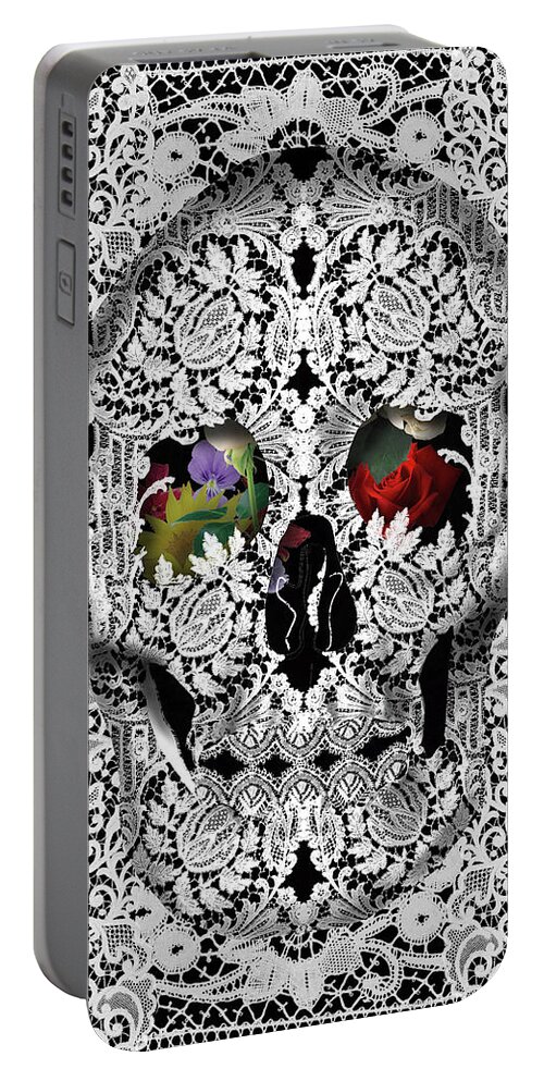Skull Portable Battery Charger featuring the painting Lace Skull White by Bekim M
