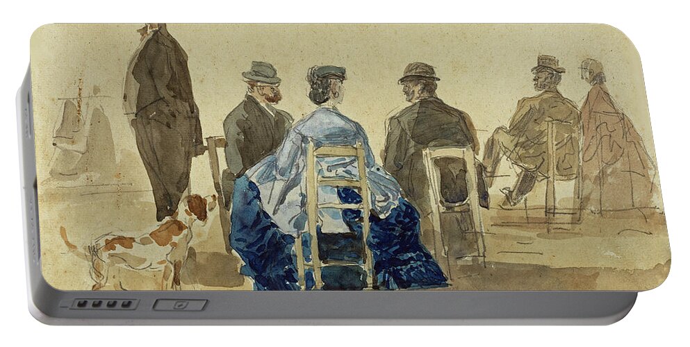 Eugene Boudin Portable Battery Charger featuring the painting Ladies and Gentlemen Seated on the Beach with a Dog by Eugene Boudin