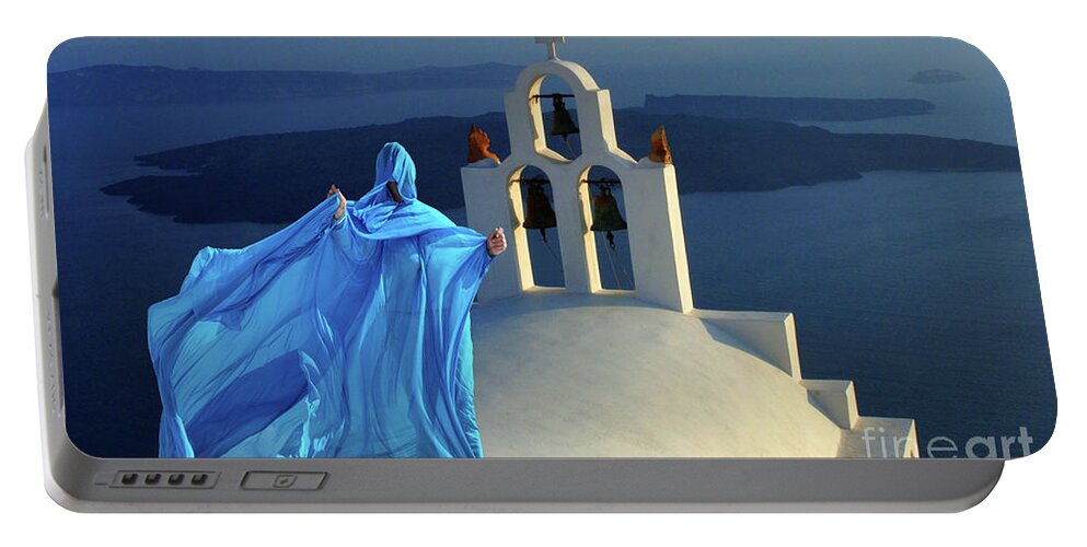 Person Portable Battery Charger featuring the photograph Lady In Blue Santorini Greece by Bob Christopher