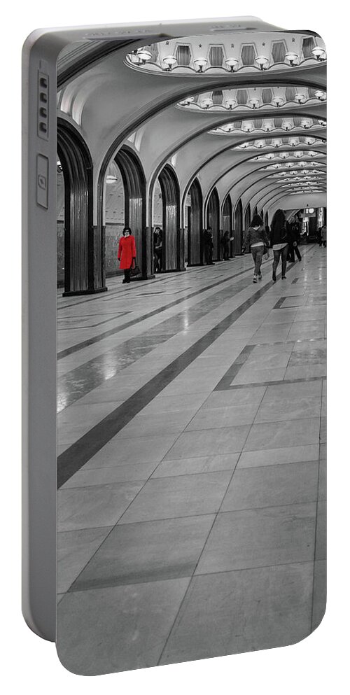 Metro Portable Battery Charger featuring the photograph Lady in Red by Geoff Smith