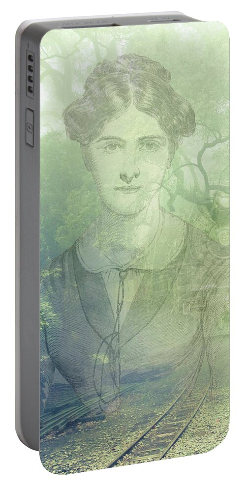 Ghostly Portable Battery Charger featuring the mixed media Lady On The Tracks by Digital Art Cafe