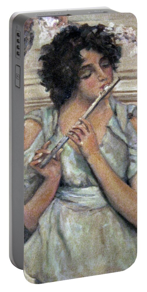 Girl Portable Battery Charger featuring the painting Lady Playing Flute by Donna Tucker