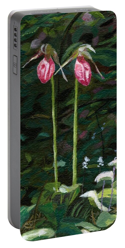 Lady Slipper Portable Battery Charger featuring the painting Lady Slipper by Lynne Reichhart
