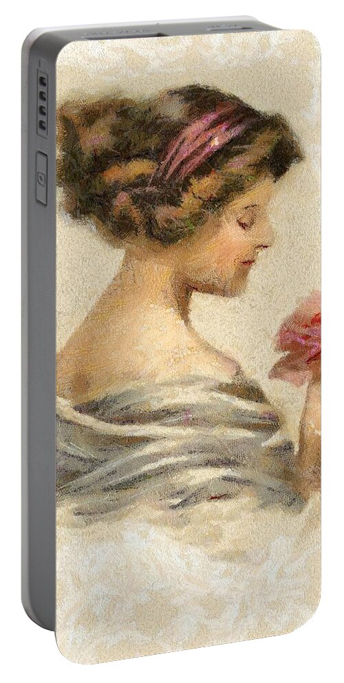 Portrait Portable Battery Charger featuring the digital art Lady with a Rose by Charmaine Zoe