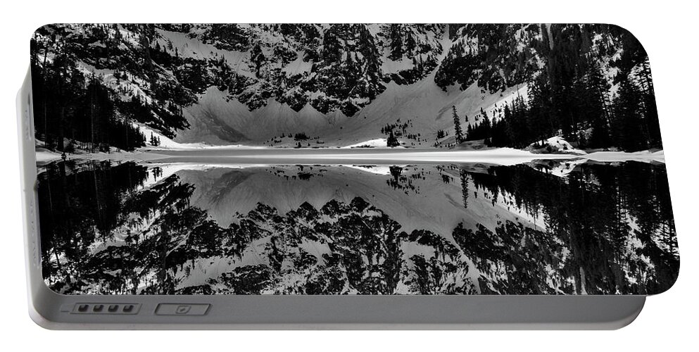 Reflection Portable Battery Charger featuring the digital art Lake 22 Winter Black and White Reflection by Pelo Blanco Photo