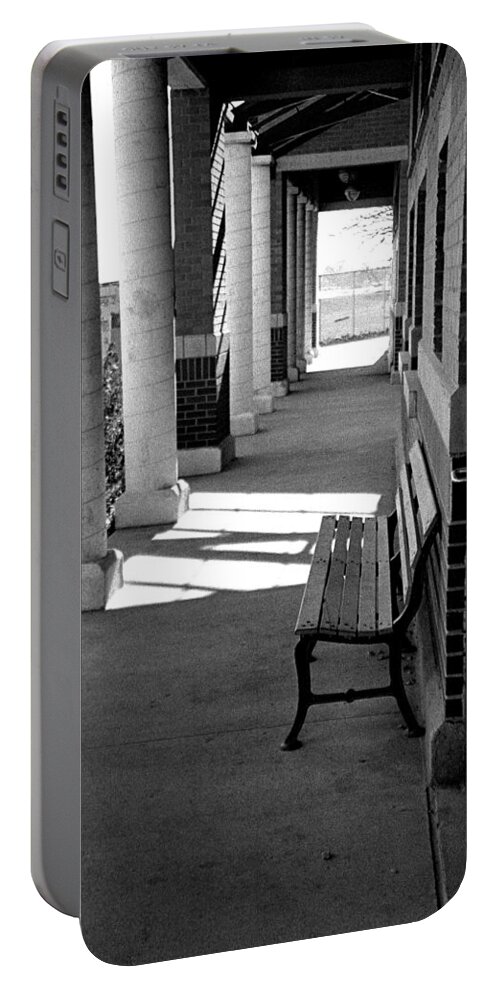 Black & White Portable Battery Charger featuring the photograph Lake Bench by Carol Neal-Chicago