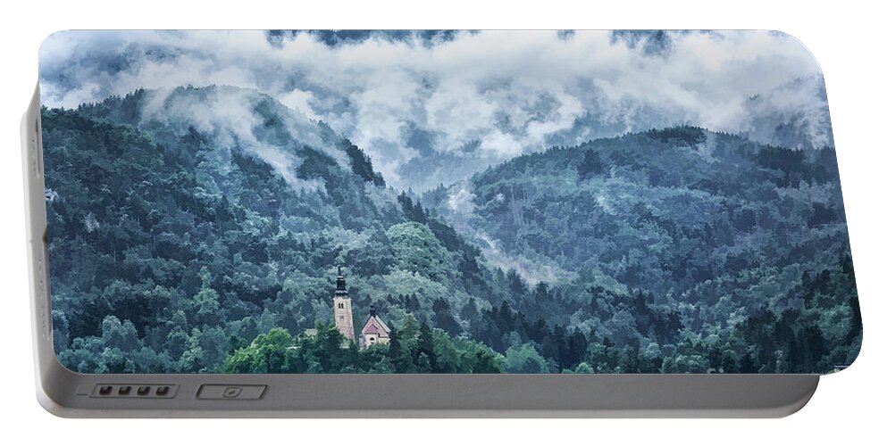 Painterly Portable Battery Charger featuring the photograph Lake Bled in Clouds by Norman Gabitzsch