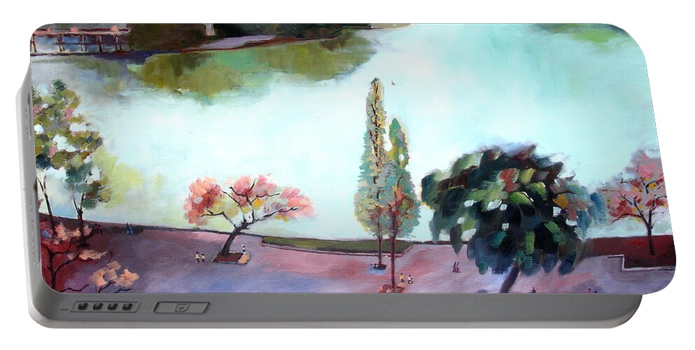  Portable Battery Charger featuring the painting Lake in Hanoi by Kim PARDON