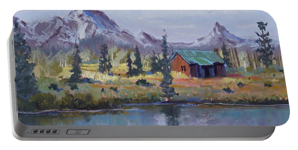 Pastel Landscape Portable Battery Charger featuring the painting Lake Jenny Cabin Grand Tetons by Heather Coen