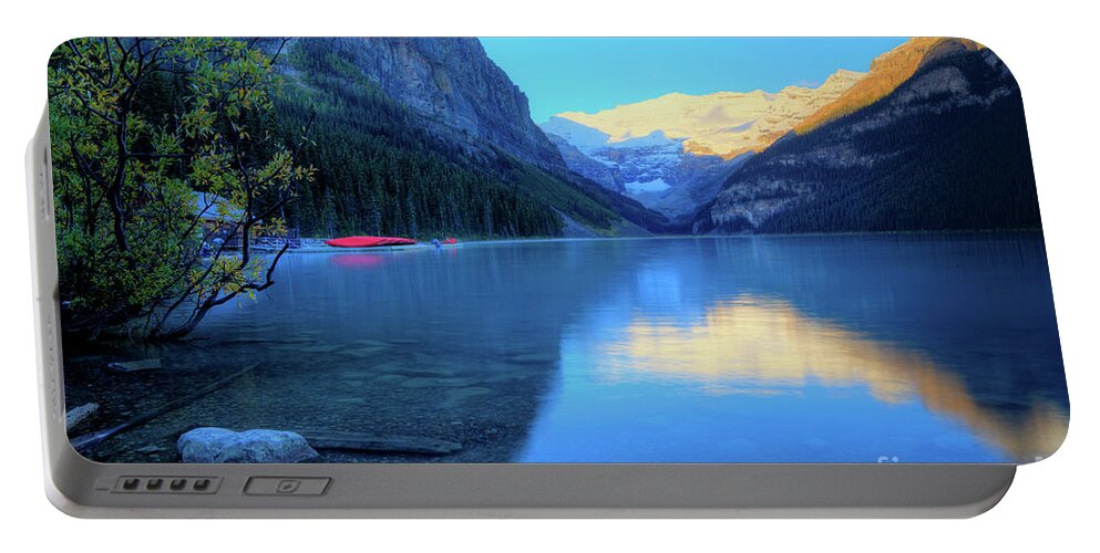 Autumn Portable Battery Charger featuring the photograph Lake Louise Autumn Bright Sunrise Banff National Park by Wayne Moran