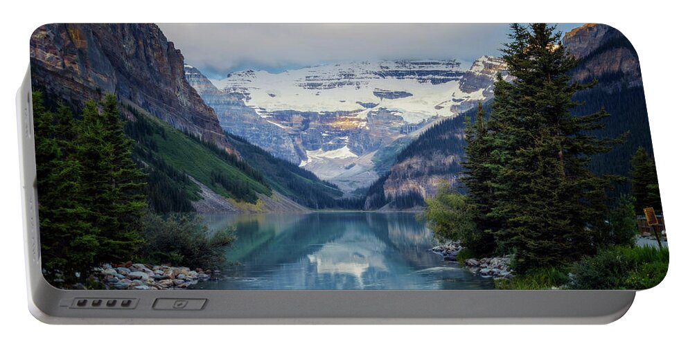 Joan Carroll Portable Battery Charger featuring the photograph Lake Louise Summer Morning by Joan Carroll
