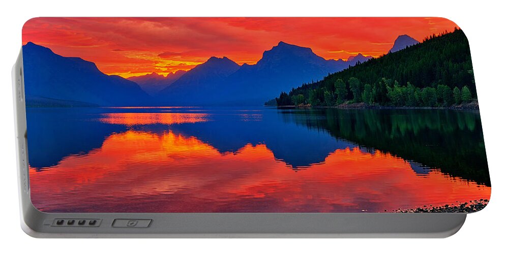 Glacier National Park Portable Battery Charger featuring the photograph Lake McDonald Fiery Sunrise by Greg Norrell