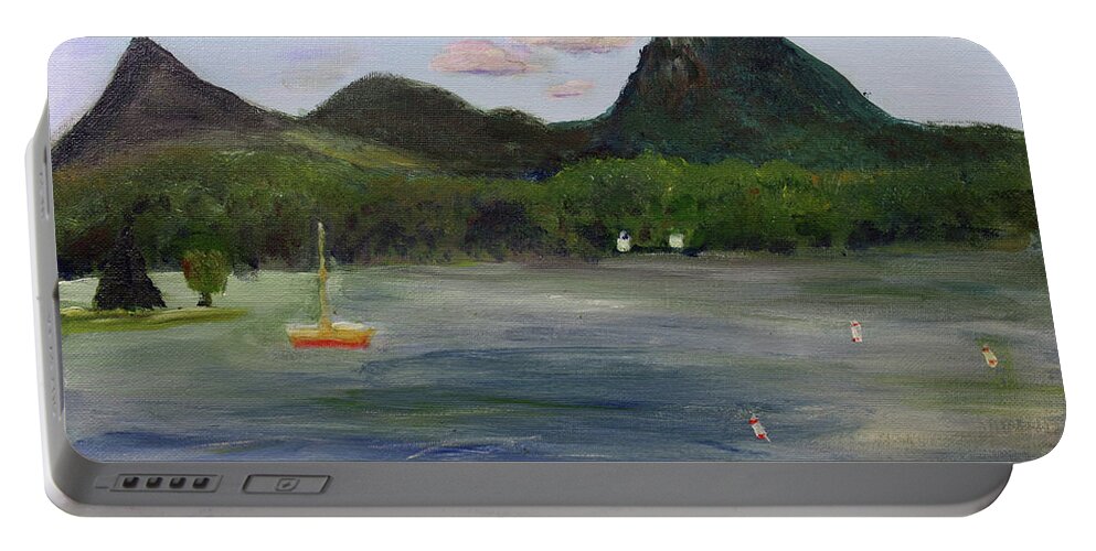 America Portable Battery Charger featuring the painting Lake Willoughby Boat Ramp by Donna Walsh