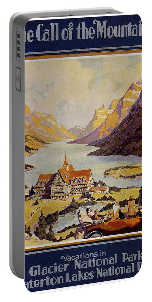 Glacier National Park Portable Battery Charger featuring the painting Landscape painting of a mansion by a lake shore in Glacier National Park- Vintage Travel Poster by Studio Grafiikka