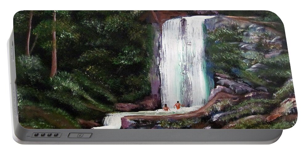 Puerto Rico Portable Battery Charger featuring the painting Las Marias Puerto Rico Waterfall by Luis F Rodriguez