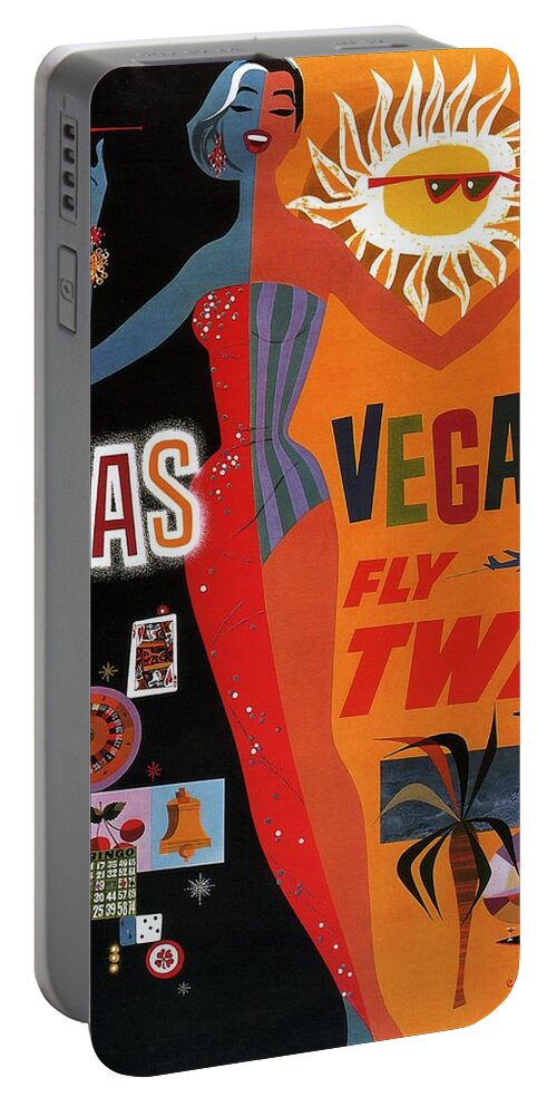 Travel Poster Portable Battery Charger featuring the mixed media Las Vegas, Fly Twa - Retro travel Poster - Vintage Poster by Studio Grafiikka