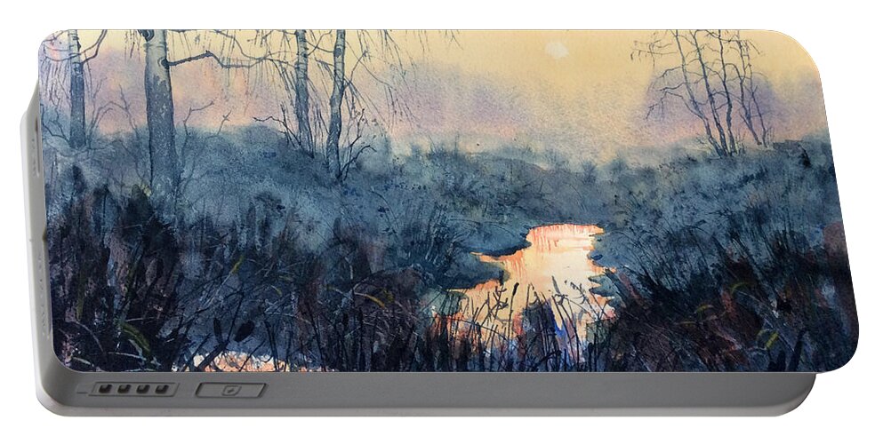  Watercolour Portable Battery Charger featuring the painting Last Light on Skipwith Marshes by Glenn Marshall