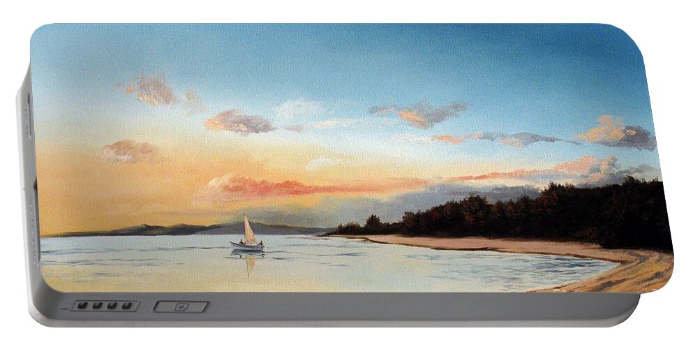 Sunset Portable Battery Charger featuring the painting Late Sunset along the Beach by Christopher Shellhammer