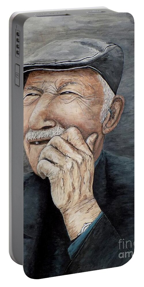 Old Man Portable Battery Charger featuring the painting Laughing Old Man by Judy Kirouac