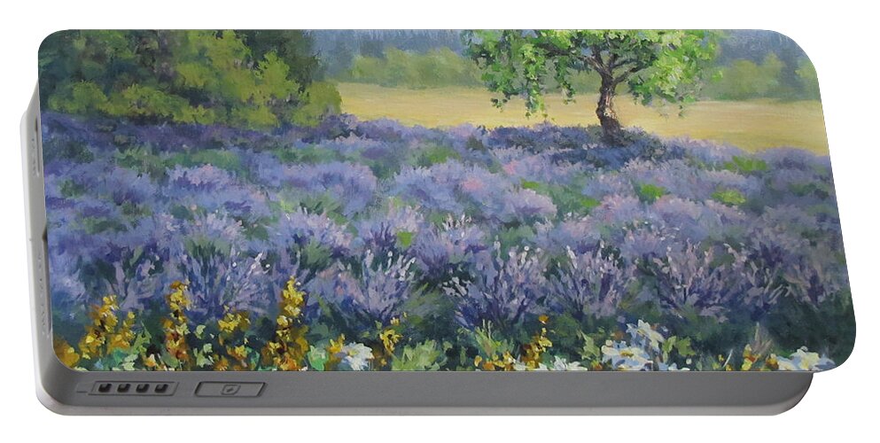 Landscape Painting Portable Battery Charger featuring the painting Lavender and Wildflowers by Karen Ilari