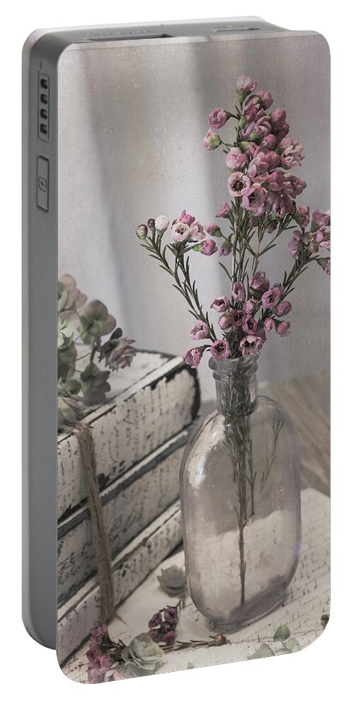 Flowers Portable Battery Charger featuring the photograph Lavender Bottle with Waxflowers by Teresa Wilson