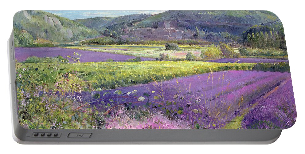 Field; South Of France; French Landscape; Hills; Hill; Landscape; Flower; Flowers Portable Battery Charger featuring the painting Lavender Fields in Old Provence by Timothy Easton