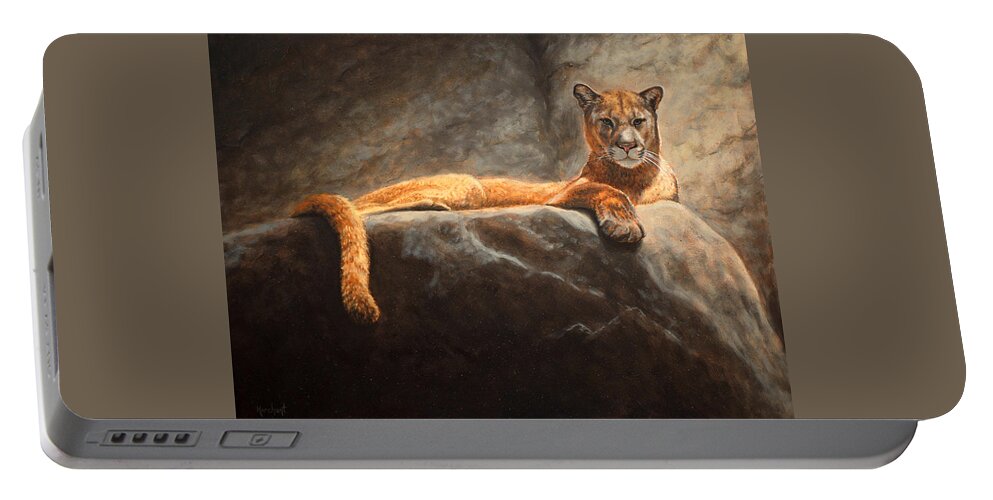 Cougar Portable Battery Charger featuring the painting Laying Cougar by Linda Merchant