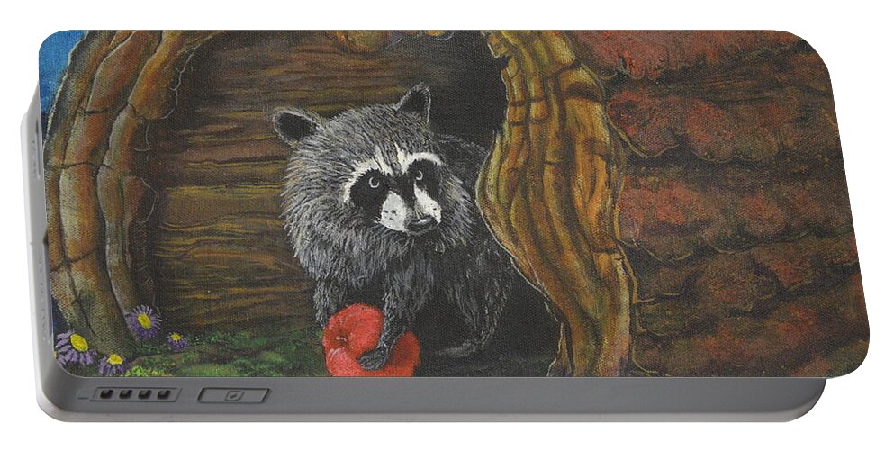 Raccoon Portable Battery Charger featuring the painting Laying Low by Rod B Rainey