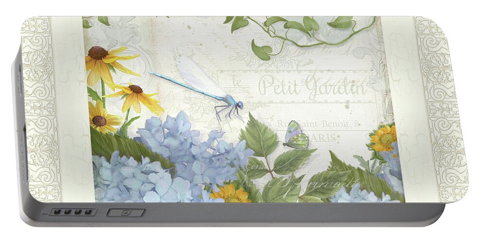 Le Petit Jardin Portable Battery Charger featuring the painting Le Petit Jardin 2 - Garden Floral W Dragonfly, Butterfly, Daisies And Blue Hydrangeas w Border by Audrey Jeanne Roberts