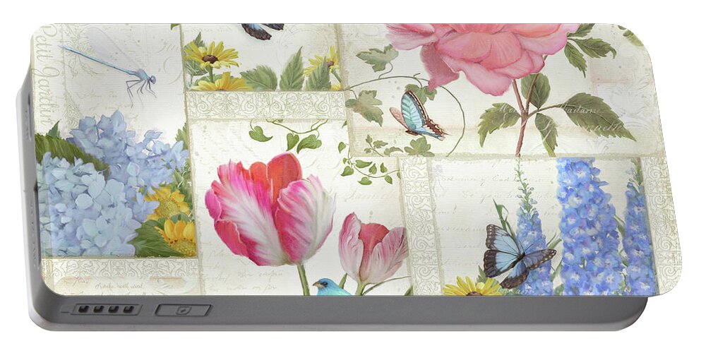 Collage Portable Battery Charger featuring the painting Le Petit Jardin - Collage Garden Floral w Butterflies, Dragonflies and Birds by Audrey Jeanne Roberts
