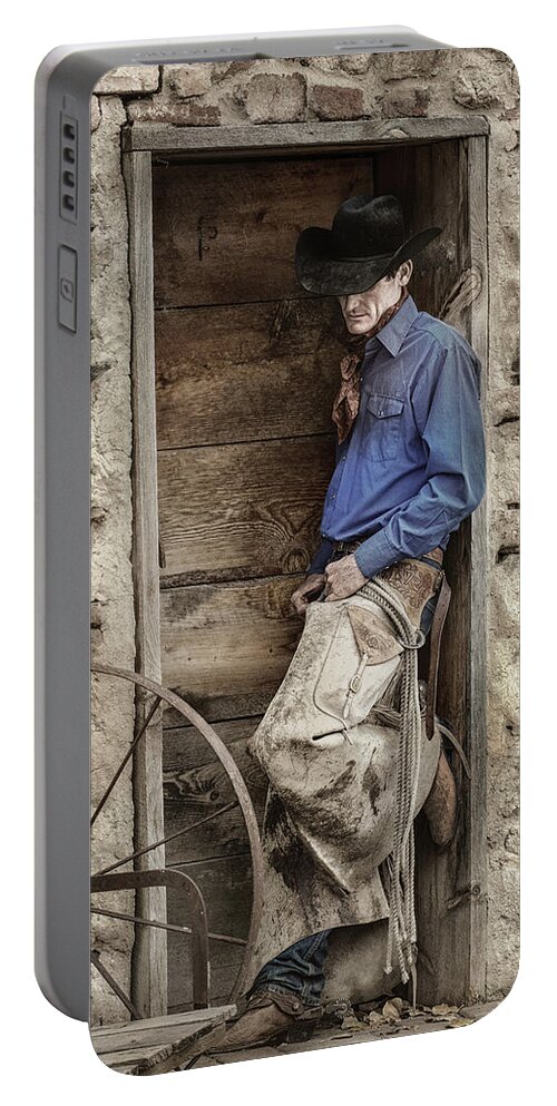 Cowboy In The Doorway Portable Battery Charger featuring the photograph Lean In by Pamela Steege