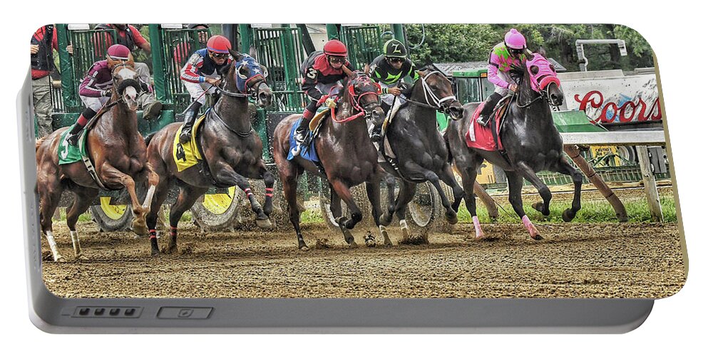 Race Horses Portable Battery Charger featuring the photograph Leaping forward by Jeffrey PERKINS