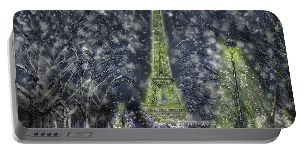 Eiffel Tower Landscape- Night Shot Portable Battery Charger featuring the digital art L'Eiffel de Paris du Hiver by Rob Hartman