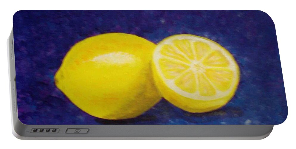 Lemon Portable Battery Charger featuring the painting Lemon and a Half by Nancy Sisco