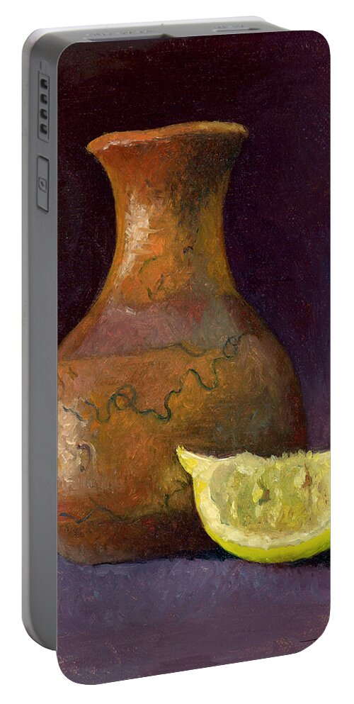 Still Life Portable Battery Charger featuring the painting Lemon and Horsehair Vase A First Meeting by Catherine Twomey