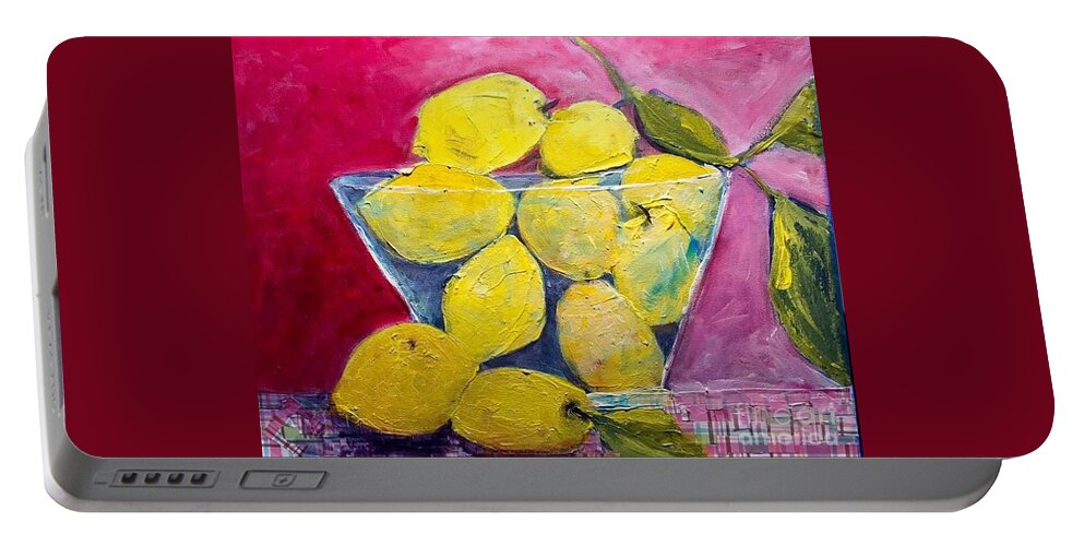 Lemons Portable Battery Charger featuring the painting Lemon Twist by Sherry Harradence