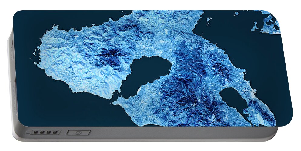 Lesbos Portable Battery Charger featuring the digital art Lesbos Island Topographic Map Blue Color Top View by Frank Ramspott