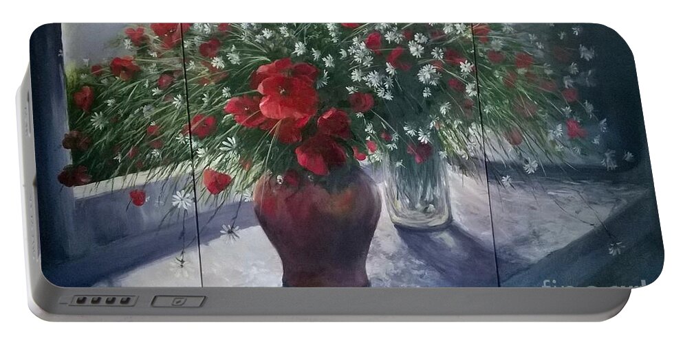 Remembrance Portable Battery Charger featuring the painting Lest we Forget...triptych by Lizzy Forrester