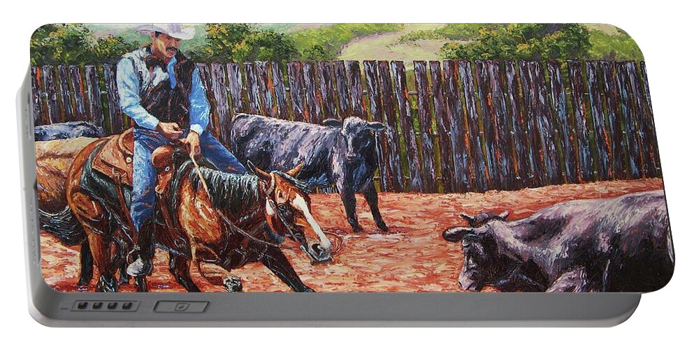 Western Portable Battery Charger featuring the painting Let the Horse Do His Job by Tom Chapman