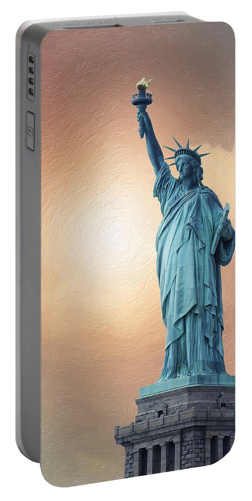 'cityscapes And Skylines' Collection By Serge Averbukh Portable Battery Charger featuring the digital art Liberty Enlightening the World by Serge Averbukh