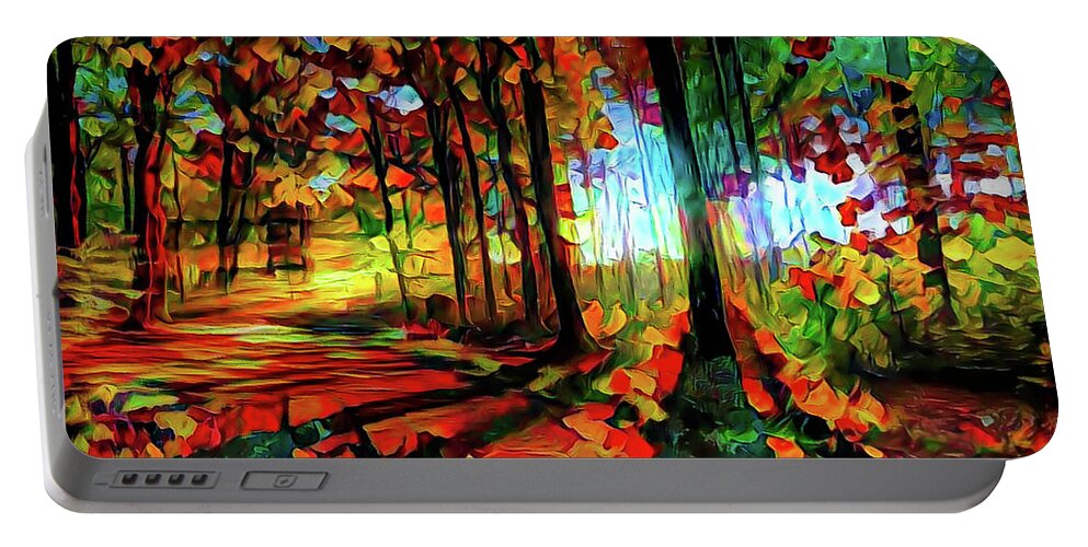 Light Through The Tree Portable Battery Charger featuring the mixed media Light in the autumn woods by Lilia S