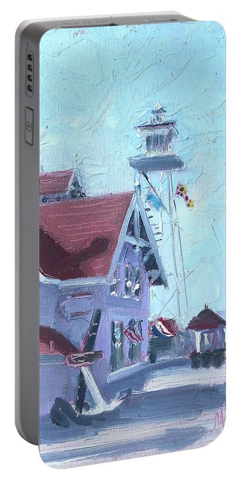 U S Lifesaving Station Portable Battery Charger featuring the painting Light on The Life Saving Station by Maggii Sarfaty