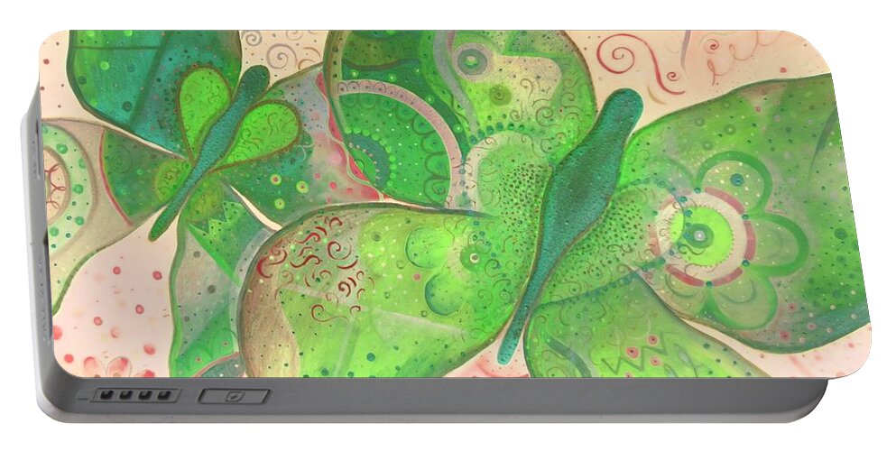 Moth Portable Battery Charger featuring the painting Lighthearted In Green On Red by Helena Tiainen