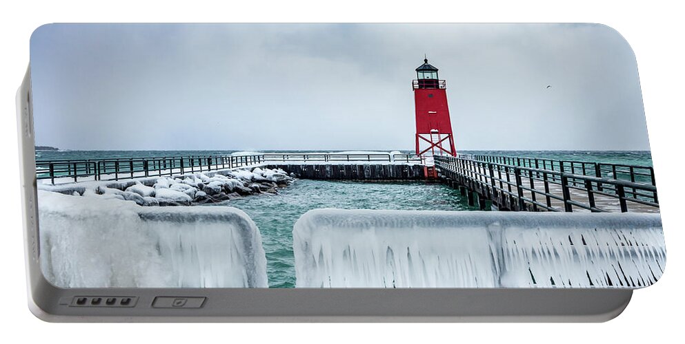  Portable Battery Charger featuring the photograph Lighthouse and Ice by Framing Places