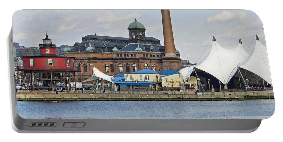 Baltimore Portable Battery Charger featuring the photograph Lighthouse and Pier 6 - Baltimore by Brendan Reals