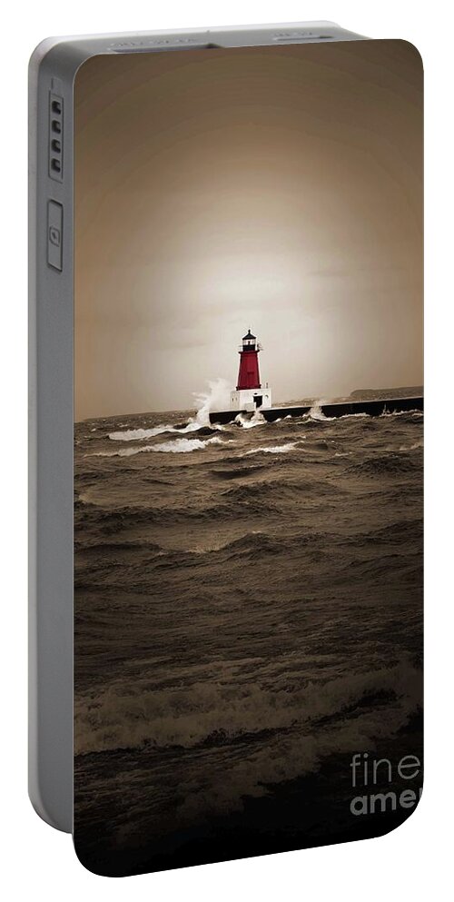 America Portable Battery Charger featuring the photograph Lighthouse Glow Sepia Spot color by Ms Judi